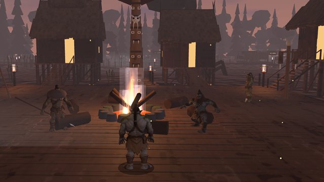 A praça do totem de Glukmoore com trolls ao redor do fogo